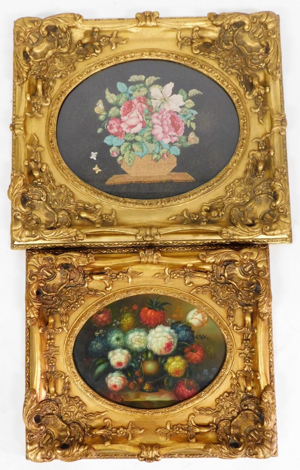 Two floral still lifes, each in elaborate gilt painted framing, in modern finish, one oil on board,