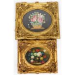 Two floral still lifes, each in elaborate gilt painted framing, in modern finish, one oil on board,