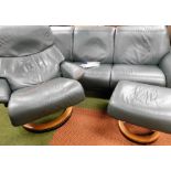 A Stressless Ekorness three piece lounge suite, in green leatherette, comprising three seater settee
