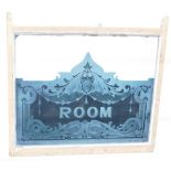 A bar room pub etched glass panel, scrolled interior decoration, marked 'ROOM', in a later pine sash
