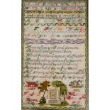 A 19thC pictorial alphabetic and motto sampler, dated (born) May 4th 1870, in colour set with trees