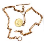 A 9ct gold watch chain, with clip T bar and applied George V full gold sovereign dated 1912, in a 9c