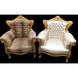 Two gilt framed armchairs, one in a leopard print fabric, with gilt bordering and scrolls, the other