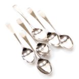A set of six George III Old English pattern silver teaspoons, various marks some rubbed, 1.7oz. (6)