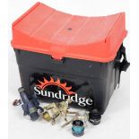 A Sundridge fishing tackle box seat, two fixed spool reels and spools.