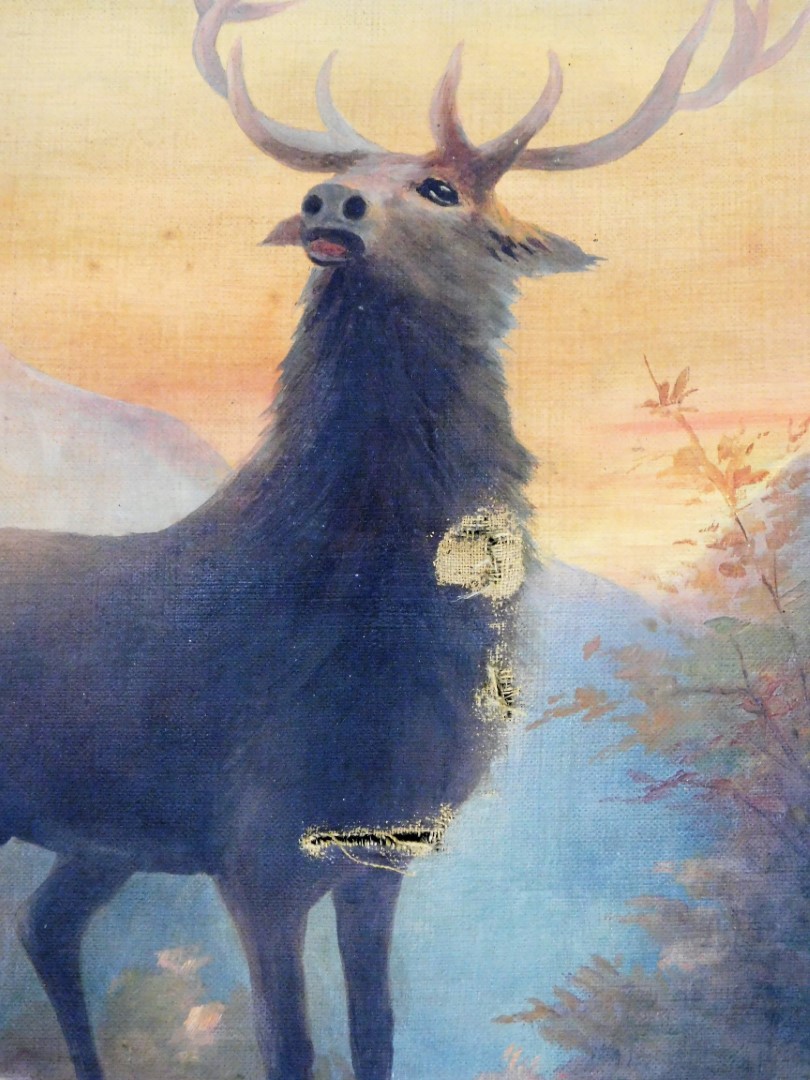 A pair of 19thC English School. Stags in mountainous landscapes, oil on canvas, unframed, 90cm x 33. - Bild 2 aus 2