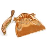 A Victorian copper crumb scoop and tray, the embossed decoration matched to the brush, the tray 23cm