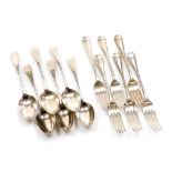 A set of six Victorian silver table forks and six dessert spoons, Old English pattern, initialled,