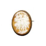 A shell cameo carved brooch, depicting the Three Graces, in a brass framed border on a yellow metal