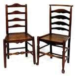 Two 19thC ash and elm ladder back chairs, each with shaped seats on turned front legs terminating in