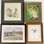 A group of pictures and prints, to include two amateur watercolours of cats, a print after Frank Gre