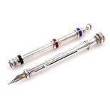 A Victorian silver cased combination pen and pencil, by Samuel Mordan, with polished agate seal top