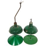 An early 20thC industrial metal ceiling light, with metal mount, partially painted green, 38cm high,