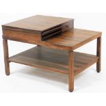 A vintage rosewood finished telephone seat, with pull out trays and drawer, on square legs joined by