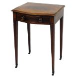 A small 19thC mahogany side table, the serpentine top raised above a bow front frieze drawer with kn