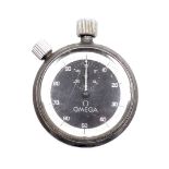 An Omega steel cased stop watch, the black dial with white outer border, inscribed to back E M G A S