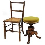 A late 19thC walnut swivel piano stool, the green draylon fabric top on a carved tripod base, 50cm h