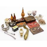Various novelties and trinkets, to include a silver lettered and imitation tortoise shell pins box,