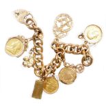 A 9ct gold charm bracelet, with various charms including a George V full gold sovereign dated 1912 i