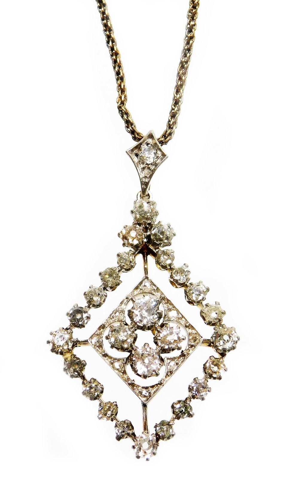 A Victorian/Edwardian diamond pendant, the lozenge shaped pendant set with rose cut diamonds, of var
