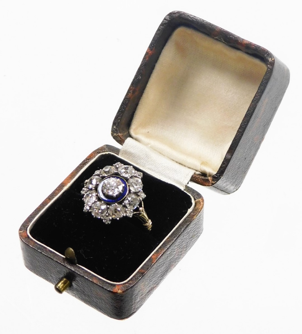 A Victorian diamond and enamel memorial ring, with various old cut diamonds, the central stone claw - Image 3 of 3