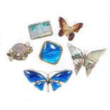 A group of butterfly wing and other brooches, comprising a silver plated blue butterfly wing butterf