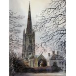 S. Burdon. St Wulfram's Grantham, watercolour, signed in pencil to margin, 41.5cm x 30cm, framed.