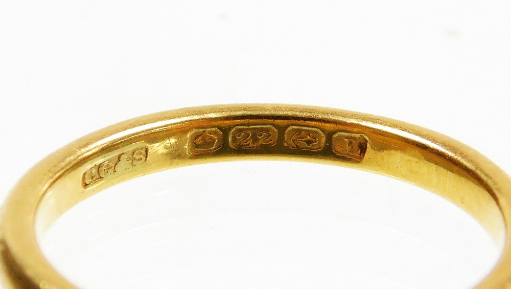 A George V 22ct gold wedding band, with pleated rubbed decoration, Birmingham 1923, ring size N, 3.5 - Image 2 of 2