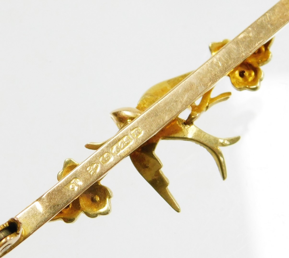 A George V 15ct gold bar brooch, set with a central swallow and two flower designs, each with applie - Image 2 of 2