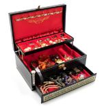 A black faux leather jewellery box and contents, comprising necklaces, bracelets, clip on earrings,