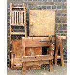 Various woodwork equipment, to include two trestle stands, a woodworking table, wooden ladder and ta
