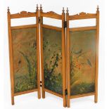 A late 19thC aesthetic style three fold screen, of small proportion, surmounted by urn finials and s