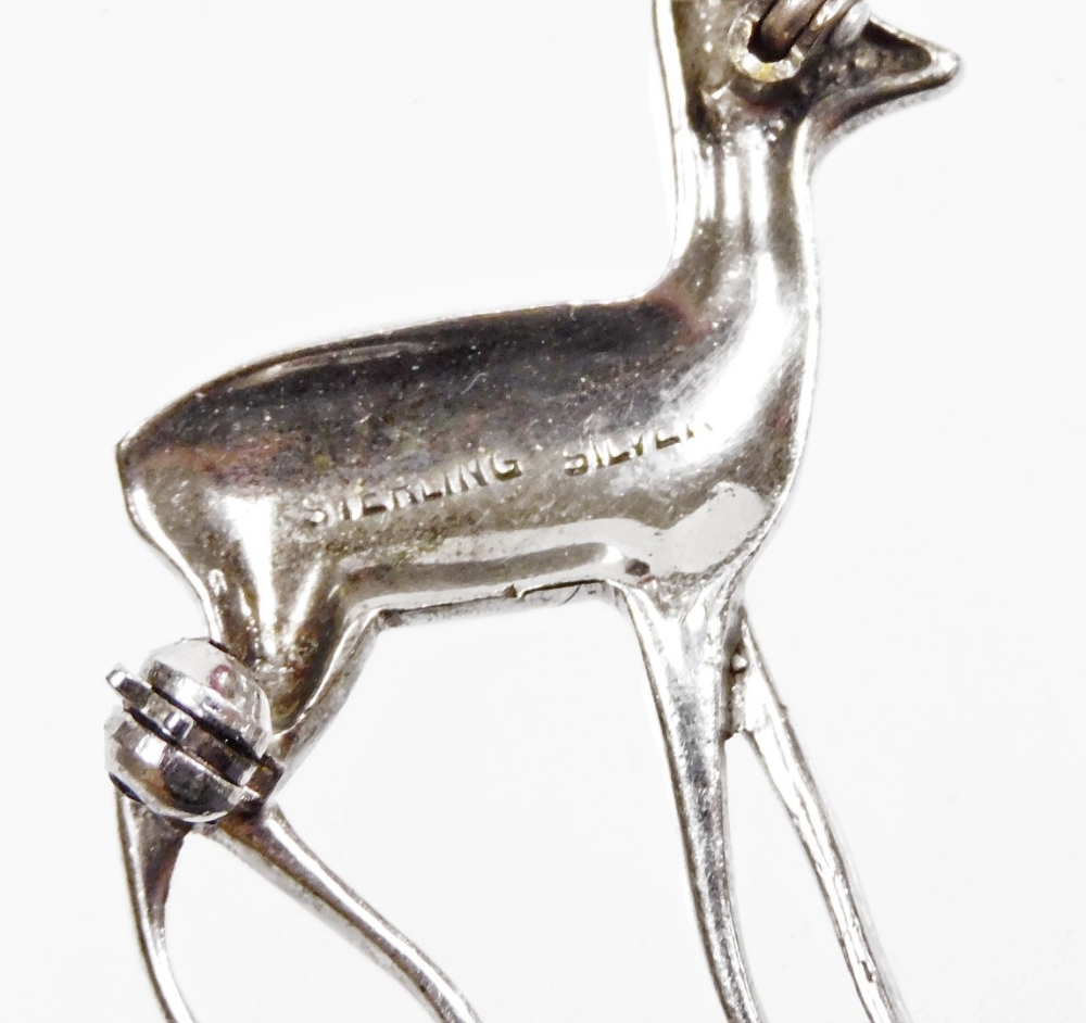 A marcasite deer brooch, set with various marcasite on a white metal back, with single pin, marked s - Image 2 of 2