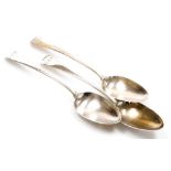 A set of three George III Old English pattern silver table spoons, initialled, London, 4.5oz. (3)