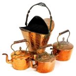 Early 20thC and later copper, to include three copper kettles, and a helmet shaped coal bucket, of f