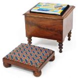 An early 20thC mahogany box commode, the top set with tapestry seat, 38cm high, 40cm wide, 40cm deep