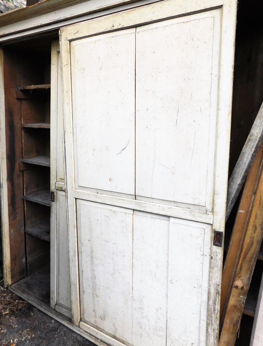A Victorian painted pine house keeper's cupboard, with moulded cornice top above two sliding doors a - Image 2 of 2