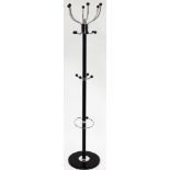 An atomic hat/coat stand, with black ball ends, on stainless steel base, 178cm high.