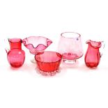 A group of cranberry and other glassware, to include a Victorian cranberry glass milk jug, a pedesta