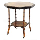 A 19thC aesthetic style ebonised burr wood and walnut occasional table, the octagonal top raised on