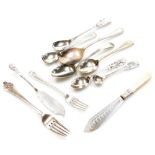 Various silver cutlery, including mother of pearl handled butter knife, various others, pierced hand
