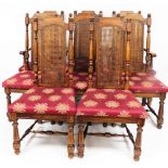 A set of eight walnut rush back throne type dining chairs, each with central rectangular rush panel,