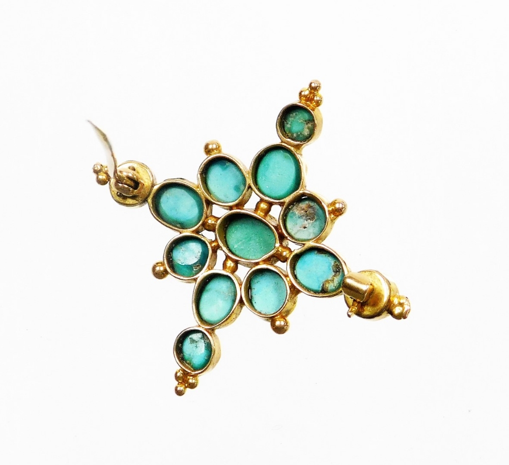 A Victorian turquoise set cross brooch, the design with various oval and circular cut turquoise ston - Image 2 of 2