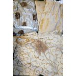 Four pairs of curtains, to include two pairs of gold floral curtains, each curtain 140cm hig