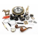 A group of trinkets and effects, to include a brass ships compass, meerschaum pipes, wax seals, Egyp