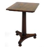 A 19thC snap top mahogany occasional table, the rounded square top raised on a plain octagonal taper