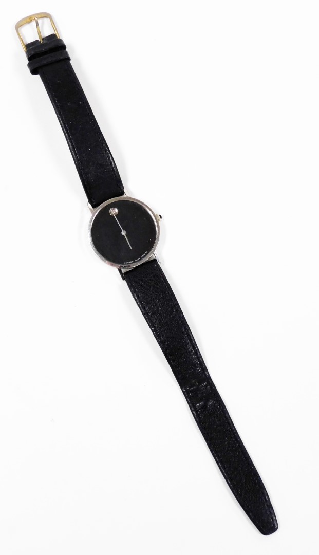 A Movado wristwatch, with circular watch face with blackened dial with tiny diamond set twelve point - Image 3 of 3
