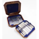 A cased set of mother of pearl and silver plated dessert knives and forks, twelve piece setting, wit