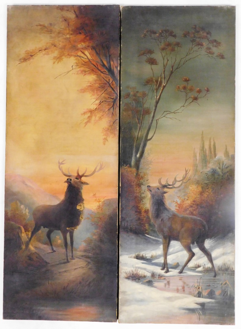 A pair of 19thC English School. Stags in mountainous landscapes, oil on canvas, unframed, 90cm x 33.