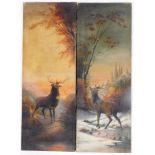 A pair of 19thC English School. Stags in mountainous landscapes, oil on canvas, unframed, 90cm x 33.